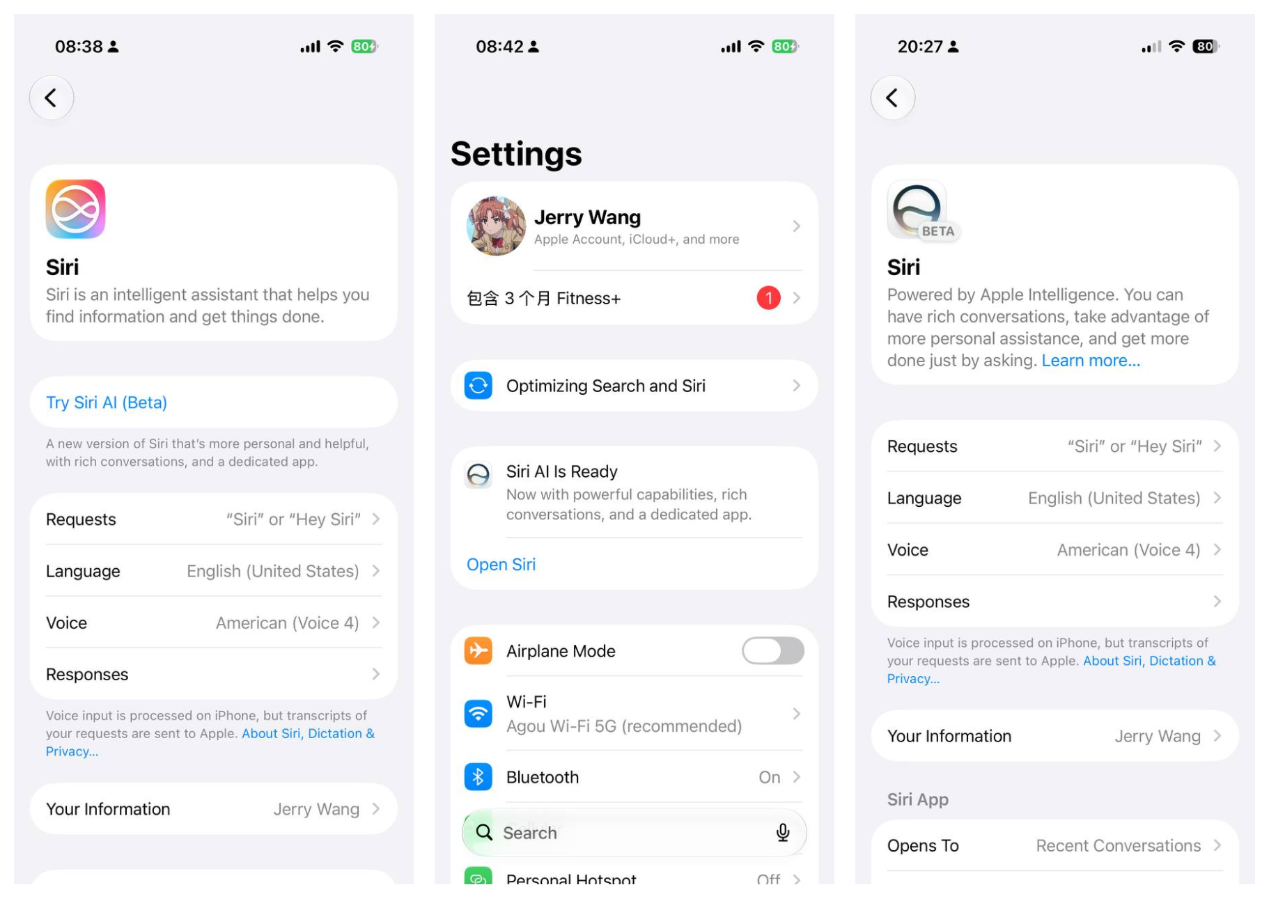 iPhone 设置中启用 Siri AI Beta 的过程