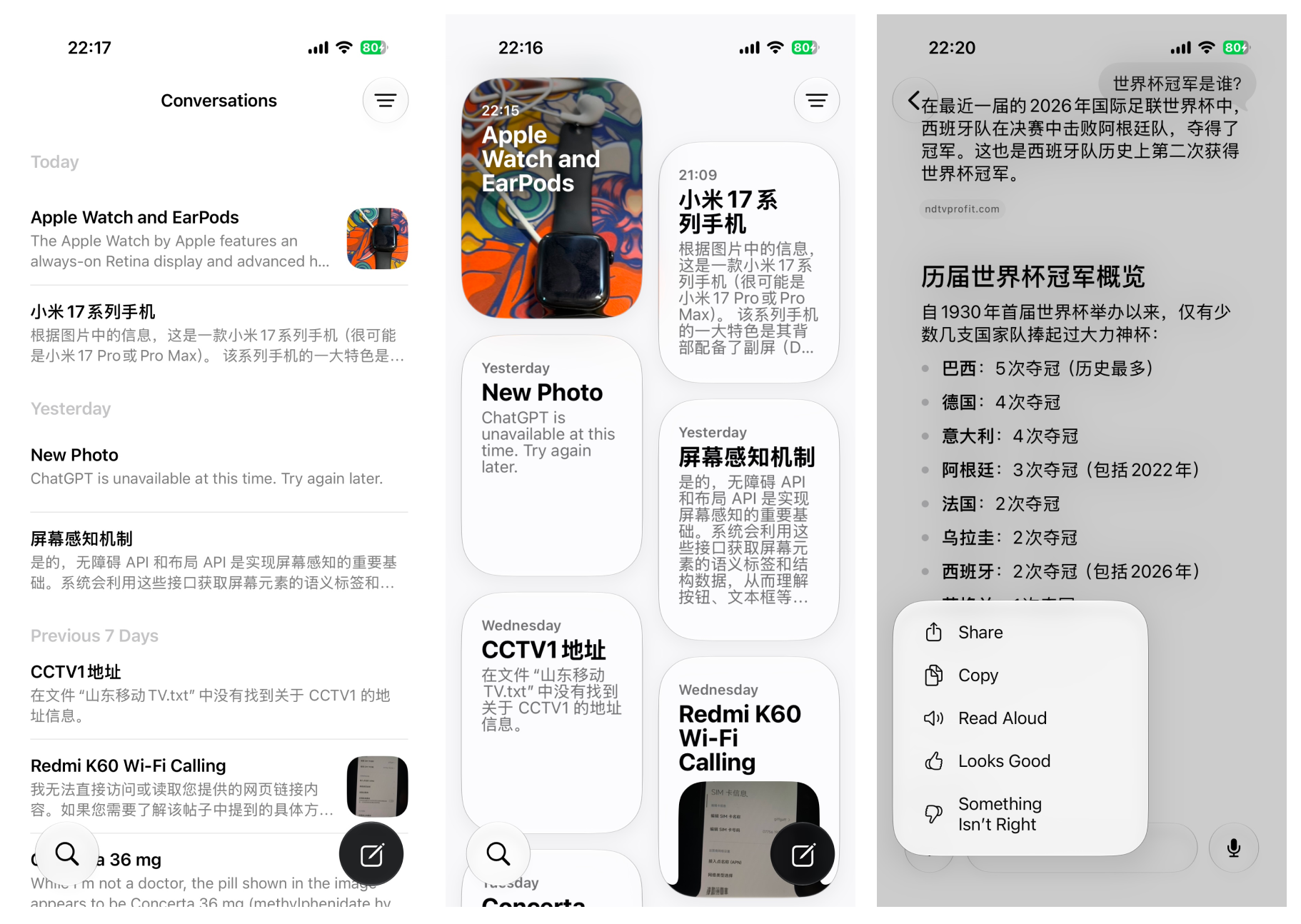Siri App 的对话历史列表和聊天界面