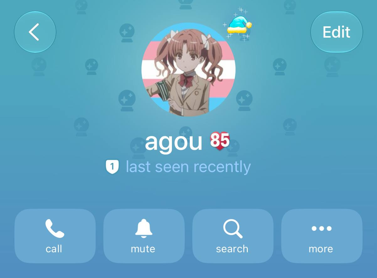 Telegram 个人资料页,用户名 agou 旁显示心形数字 85 的表情状态