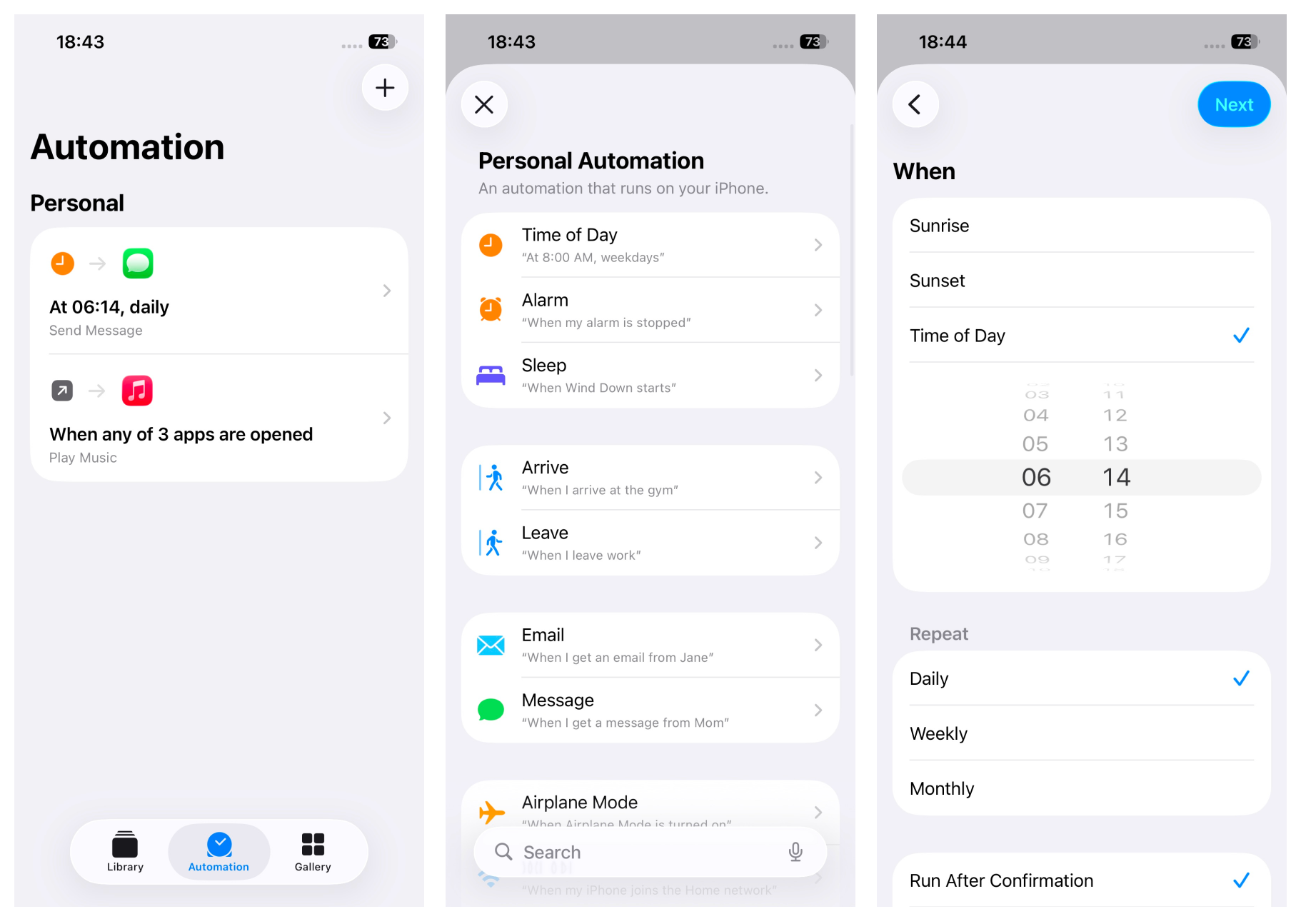 iOS 快捷指令自动化设置界面,展示每天按时间运行的触发条件